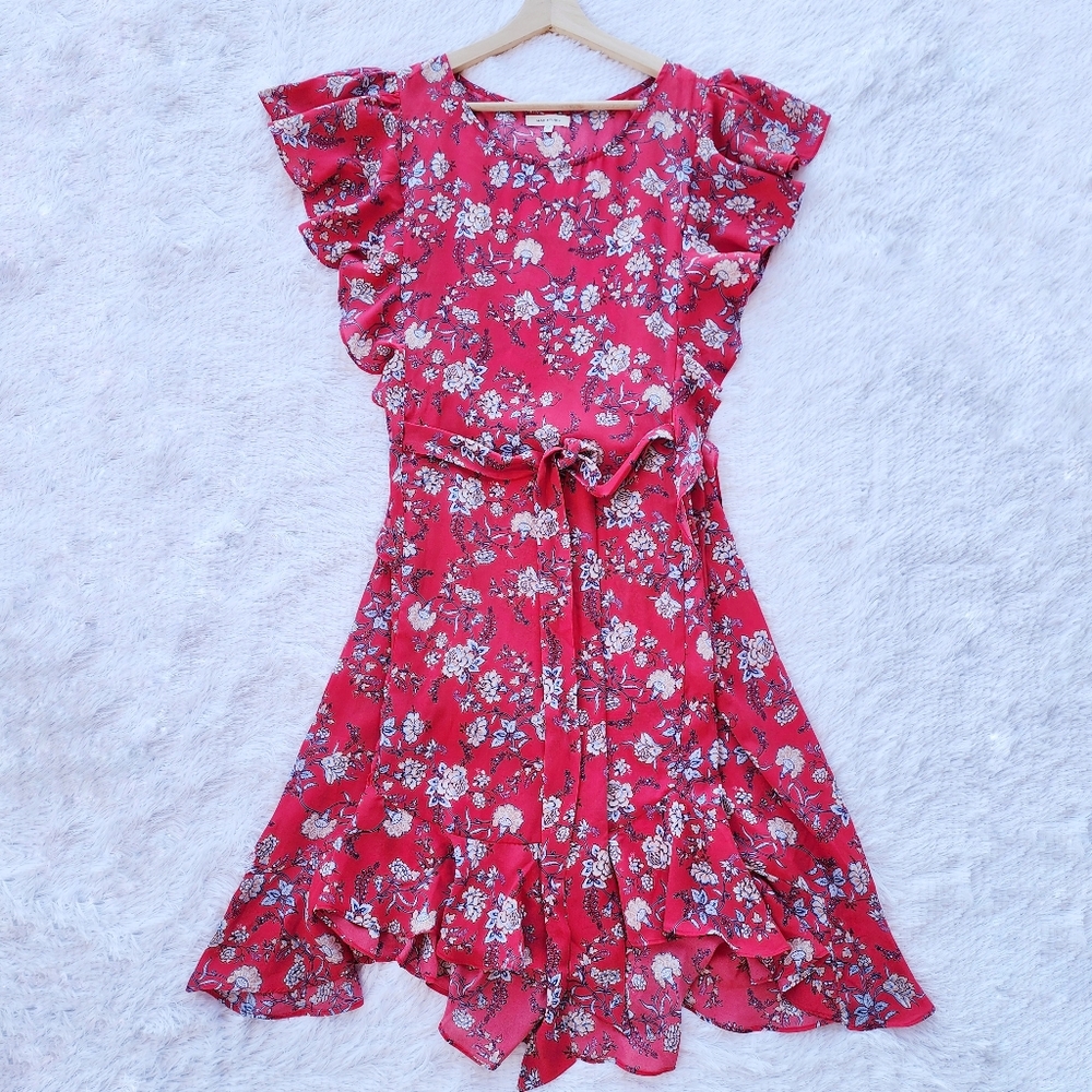 Max Studio Red Floral Flutter‎ Sleeve Midi Dress